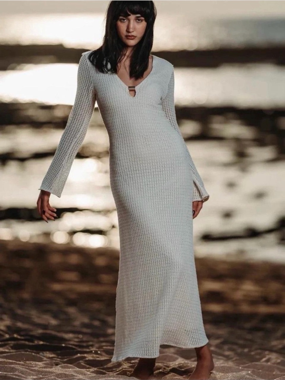 Zara Cream Knit V-Neck Maxi Dress
